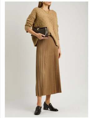 Eileen Fisher Pleated Wool Silk Blend Midi Skirt Beige stretch waist 35” long